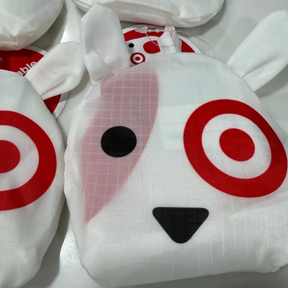 Set of 4 Target Bullseye Dog Foldable Reusable Tote Bags White Red 16x20 New